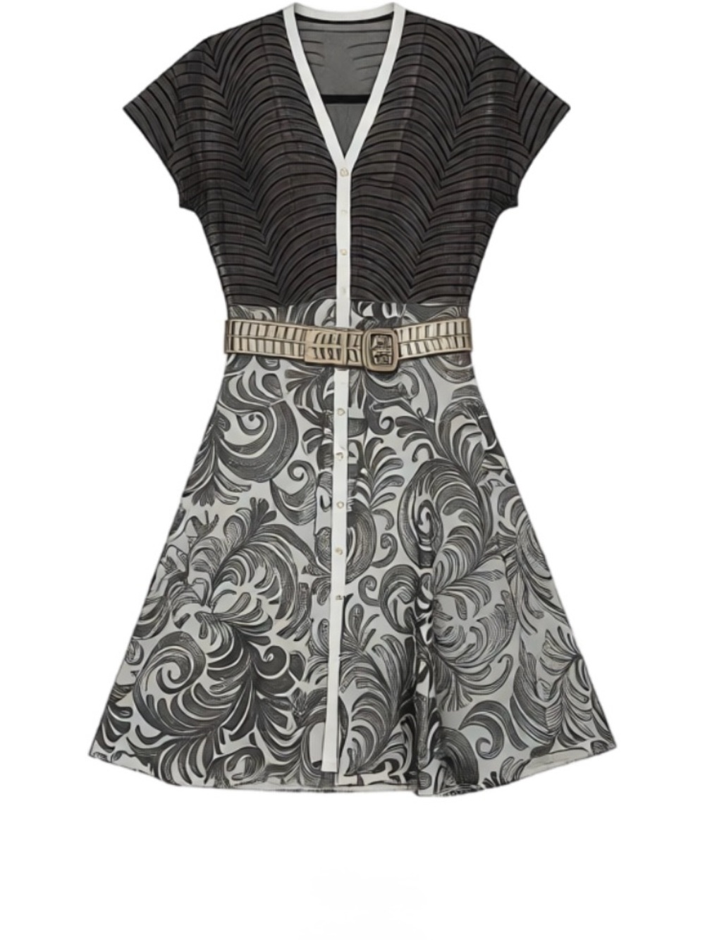 Bryan Lars, Silver & White Patterned Short-Sleeve Dress with Silver Accent Belt